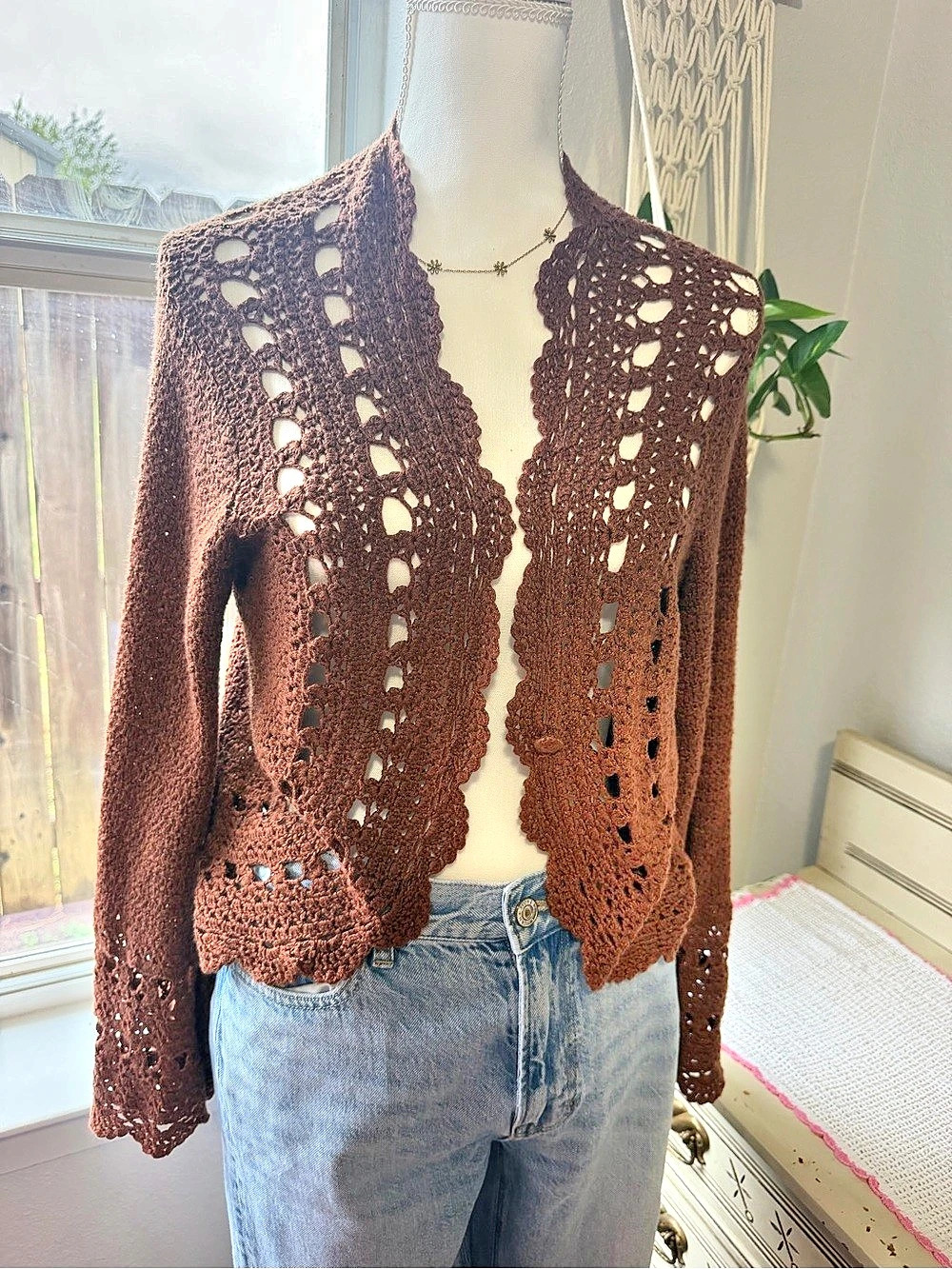 MULTIPLES Crochet Open Front Cardigan in Brown Size Large Like New